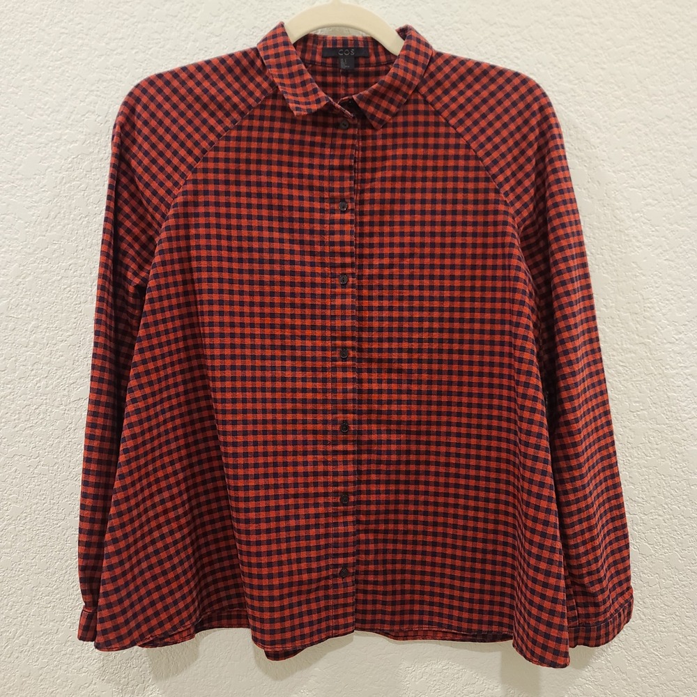 COS Red Navy Gingham Check Cotton Button Down Raglan Shirt Womens Size 4